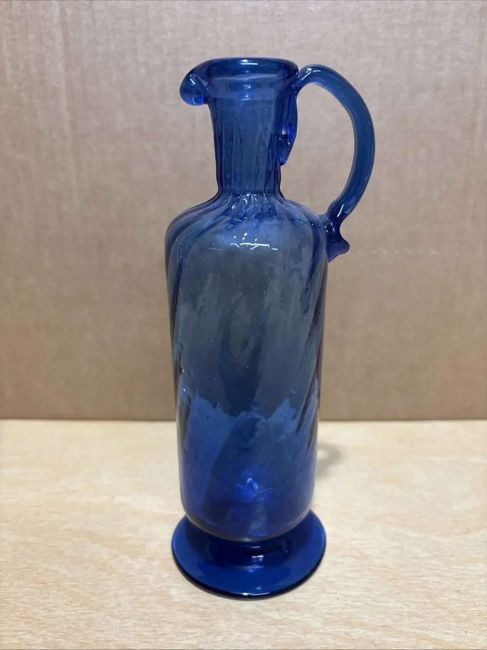 Hand-Blown Blue Glass Pitcher Vase With Handle 8.75” Tall